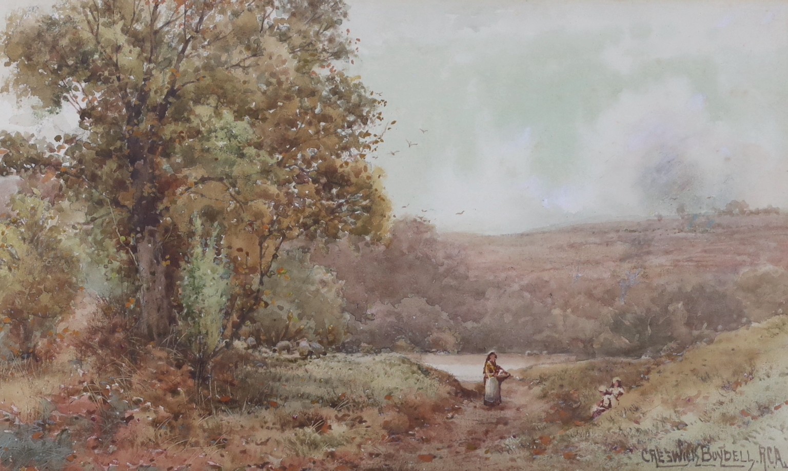 Creswick Boydell (Exh.1889-1916), watercolour, Figures on a country path, signed, 20 x 34cm